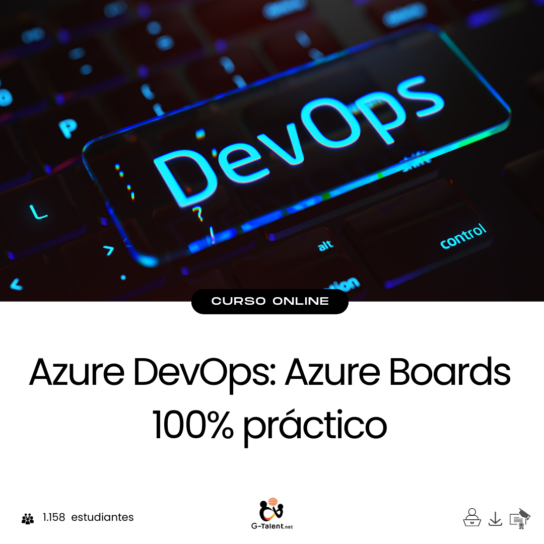 Interfaz de Azure Boards con tareas organizadas en panel Kanban, estados de avance, asignaciones de equipo y conexión con repositorios en Azure DevOps