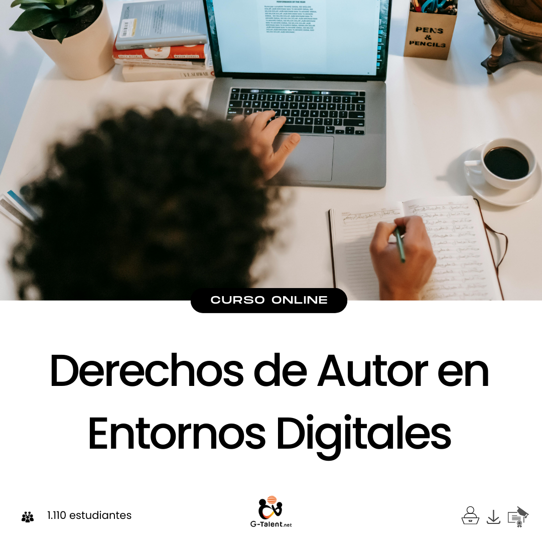 Persona frente a computadora revisando un documento con íconos de copyright, nube digital y candados de protección