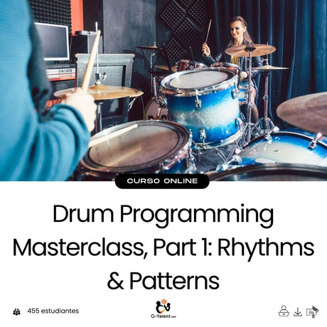 Pantalla de DAW con secuencias de batería programadas y beatmaker ajustando ritmos