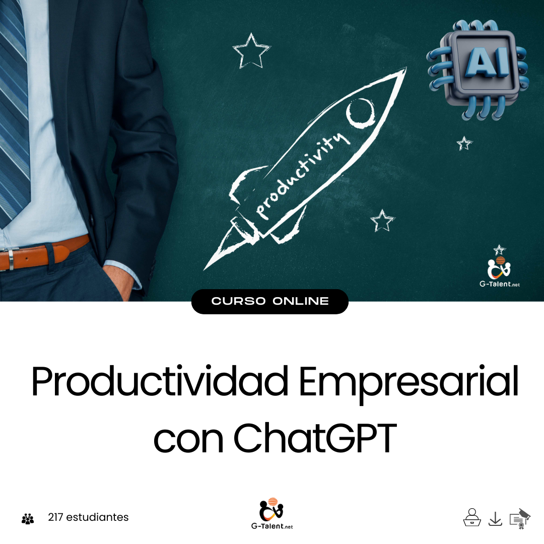Ejecutivo usando ChatGPT en su laptop para tareas empresariales, con gráficos de productividad al fondo