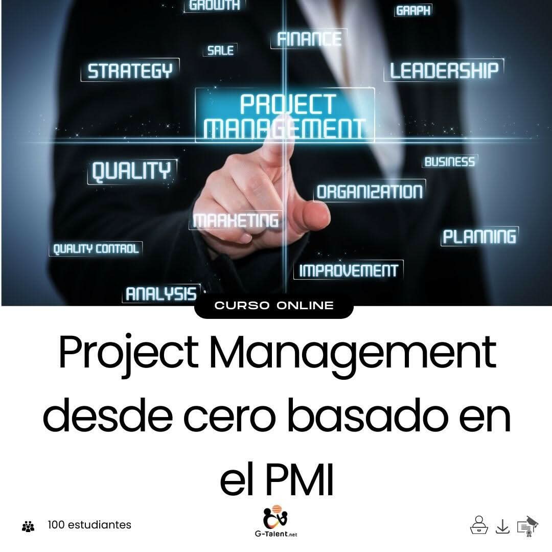 Profesional planificando proyecto con cronograma, tablero Kanban y guía del PMI en pantalla