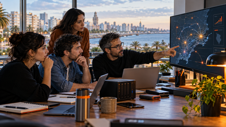 Equipo de una mipyme uruguaya revisando un plan de ciberseguridad y continuidad del negocio