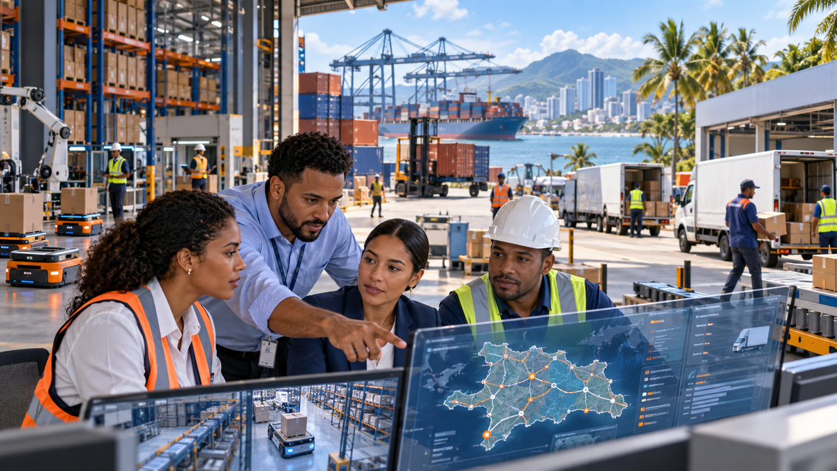 Profesional dominicana supervisando inventarios y operaciones logísticas en un centro de distribución moderno