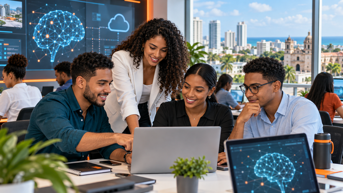Adultos dominicanos aprendiendo inteligencia artificial y habilidades digitales en un laboratorio moderno