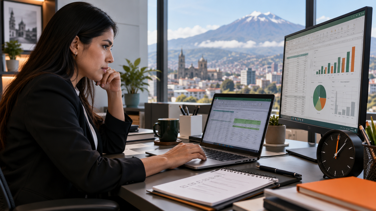 Candidata en Ecuador resolviendo una prueba de Excel durante la preparación para una entrevista laboral