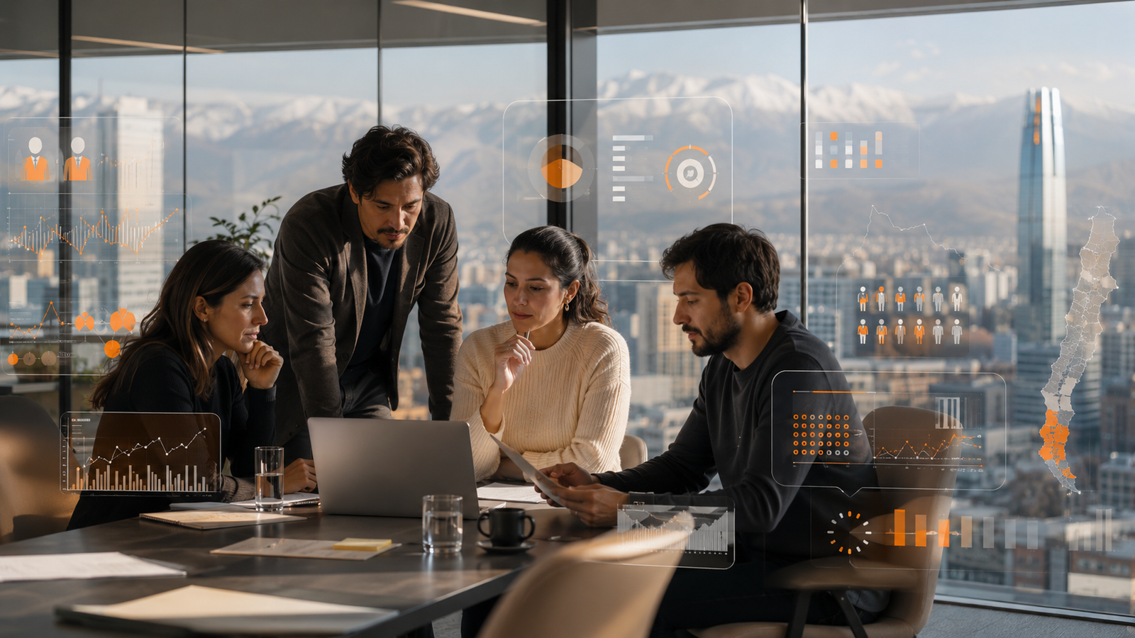 Encuesta de clima laboral en Chile 2026 con equipo de recursos humanos analizando indicadores de bienestar, liderazgo y carga laboral