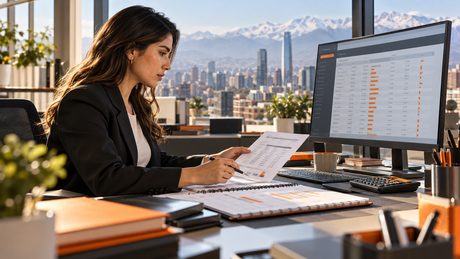Profesional de remuneraciones revisando el Libro de Remuneraciones Electronico en una oficina de Chile