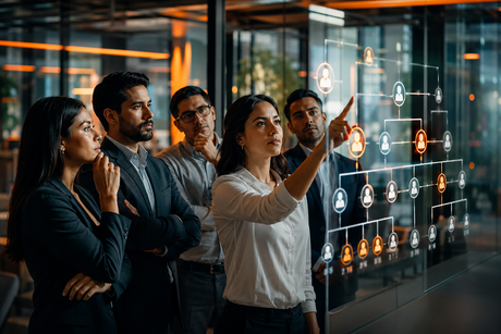 Equipo de recursos humanos revisando un organigrama de empresa moderno en Latinoamérica
