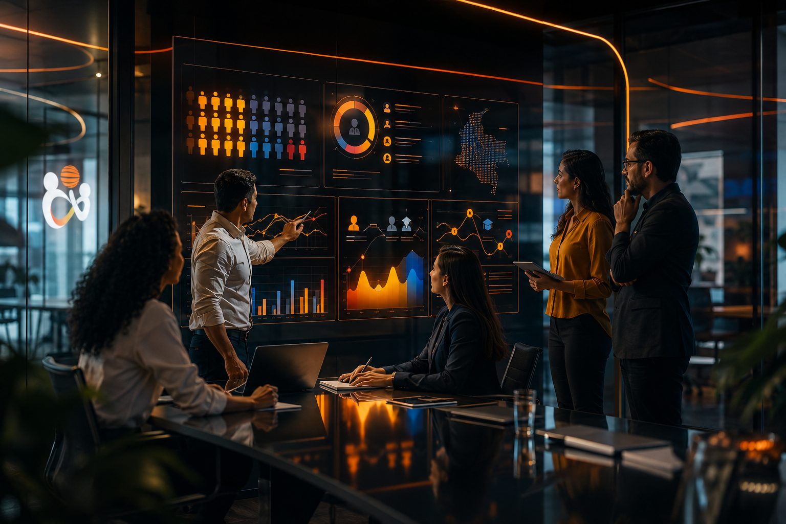 Equipo de Recursos Humanos en Colombia analizando indicadores de People Analytics y talento en un dashboard corporativo