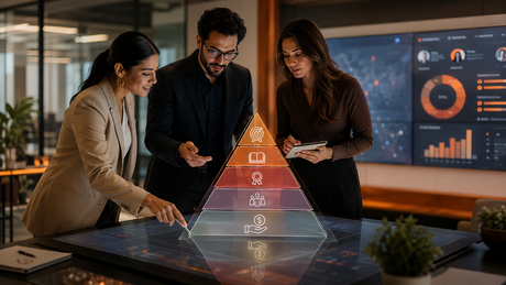 Equipo de Recursos Humanos usando la pirámide de Maslow para analizar motivación, reconocimiento y desarrollo del talento