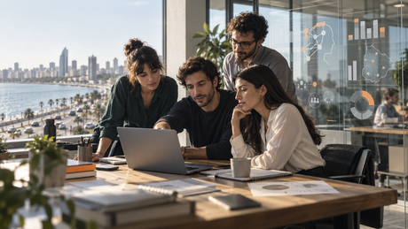 Profesional uruguaya analiza habilidades digitales y oportunidades de empleo en un entorno de trabajo contemporáneo