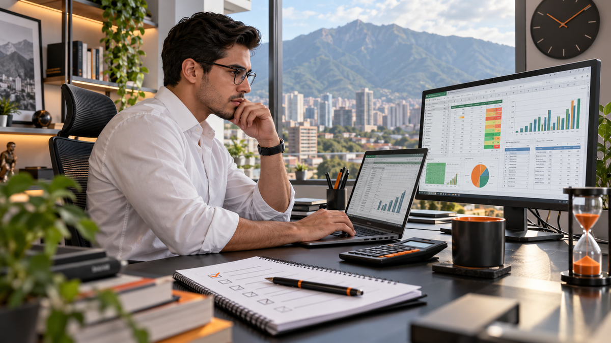 Profesional en Venezuela practicando una prueba de Excel avanzado con tablas y gráficos