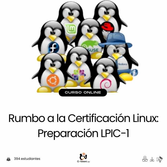 Terminal Linux abierta con comandos de administración, estructura de archivos, permisos y gestión de procesos, simulando entorno de certificación LPIC-1