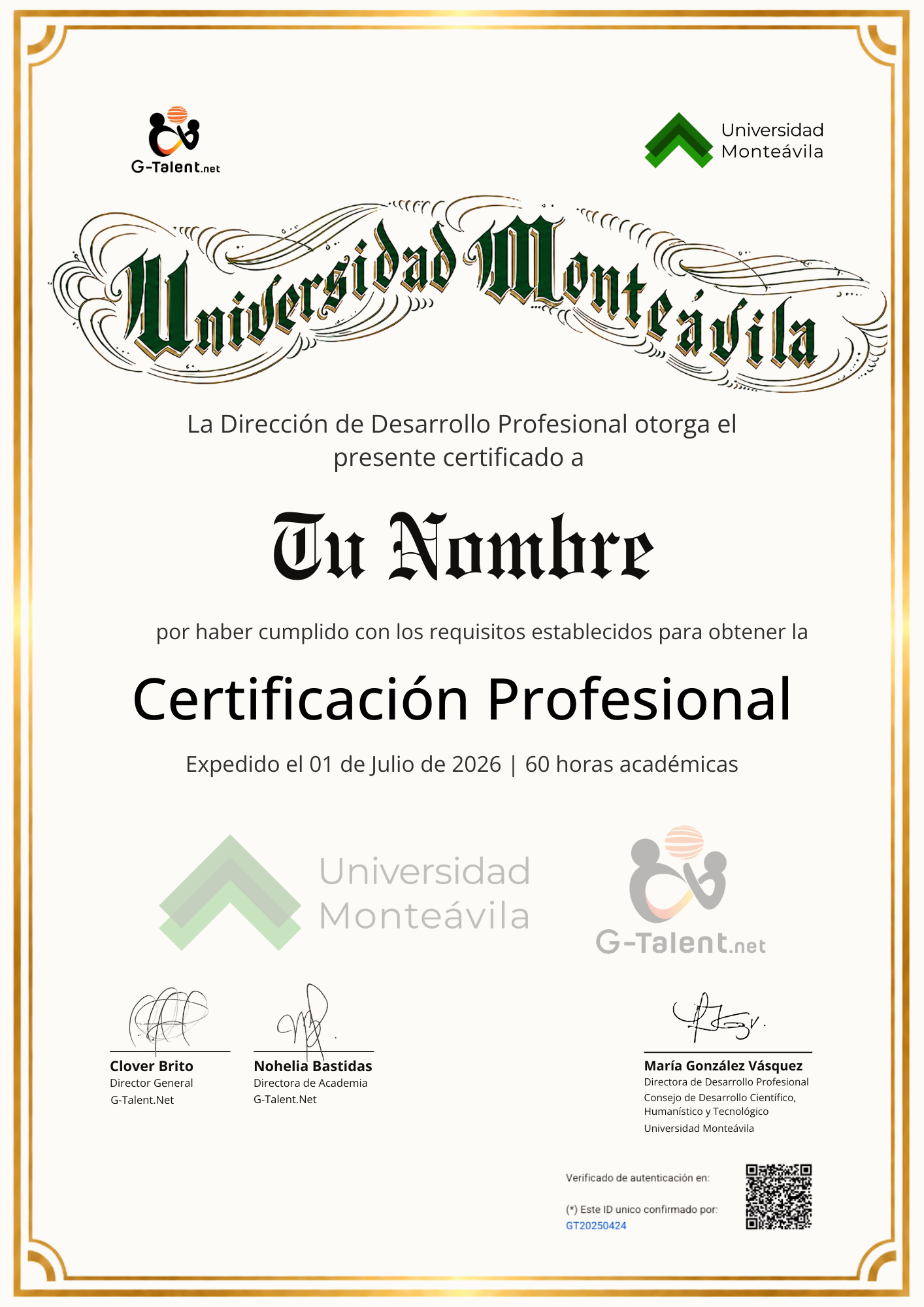 Ejemplo de certificado profesional con aval de la Universidad Monteávila y G-Talent