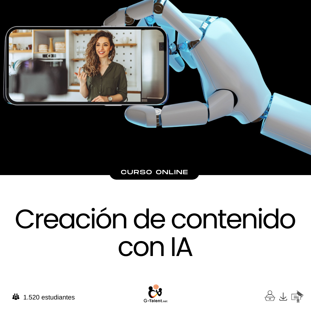 Pantalla con herramientas de IA generando textos, imágenes y videos, junto a un creador de contenido organizando piezas en un flujo de trabajo automatizado