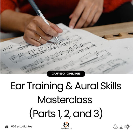 Músico con auriculares frente a partitura y teclado, entrenando el oído con ejercicios auditivos