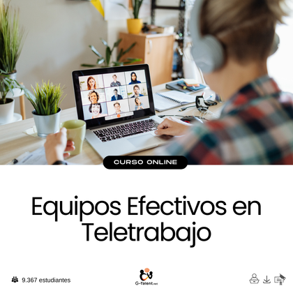 Equipo remoto en videollamada colaborando desde distintos dispositivos, con tareas organizadas en herramientas digitales y ambiente de trabajo virtual eficiente