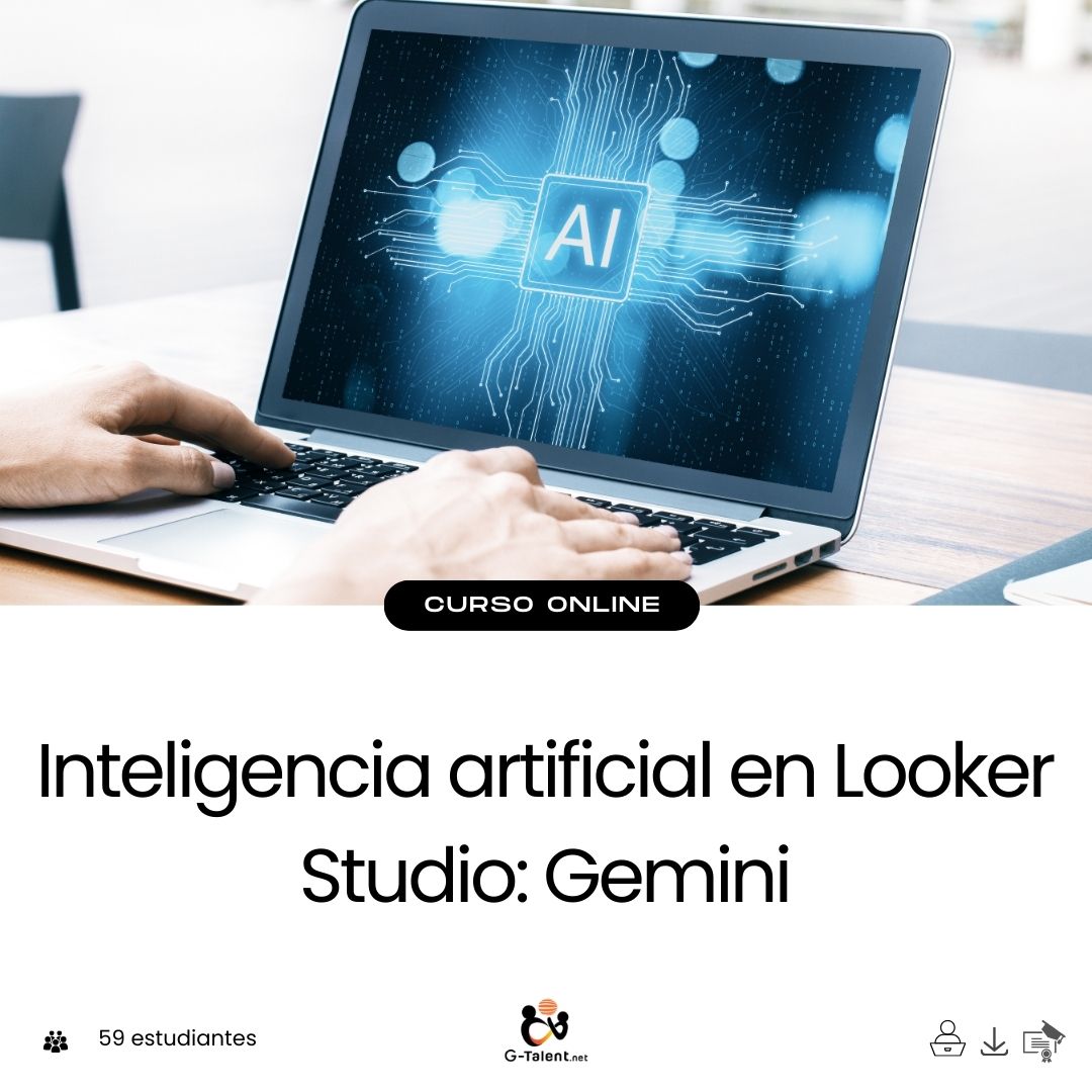 Dashboard de Looker Studio con visualizaciones de datos dinámicas y asistente de IA (Gemini) generando insights y recomendaciones automáticas