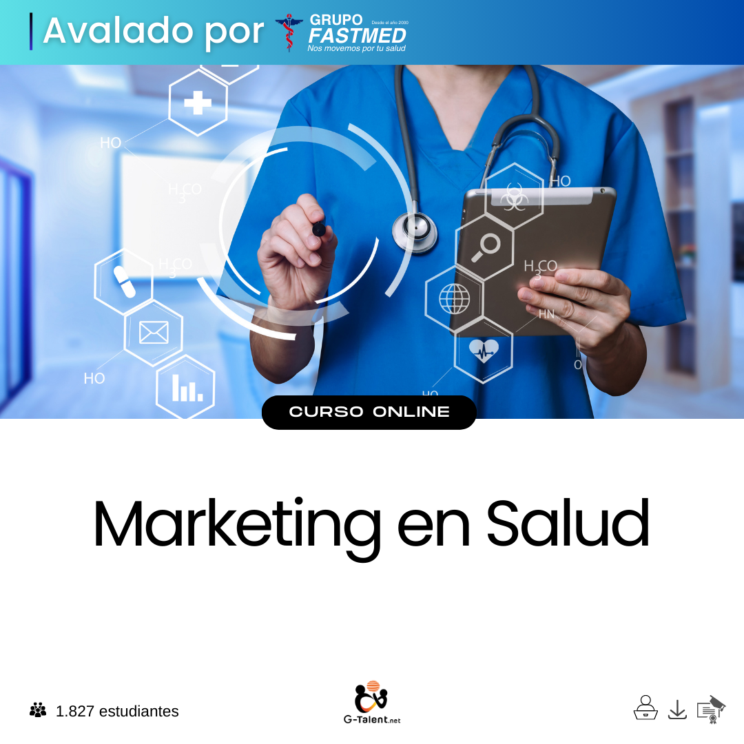Profesional de salud frente a una laptop con dashboard de marketing digital, agendamiento online y contenido informativo en redes sociales