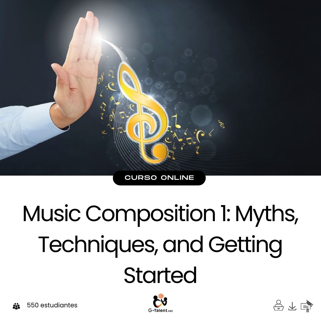 Compositor escribiendo partituras en piano o software, rodeado de notas e ideas musicales