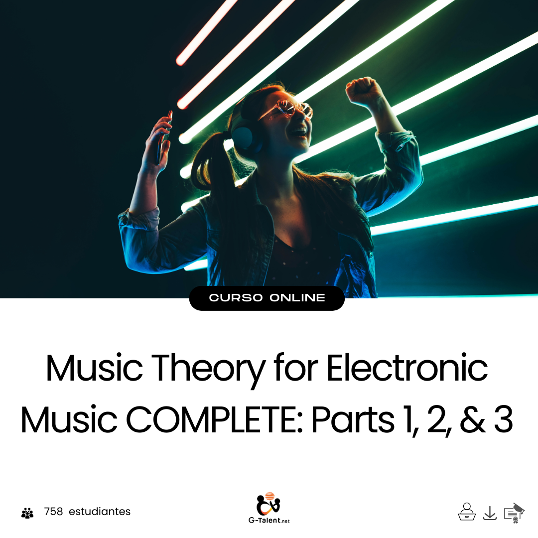 Productor musical trabajando en DAW con gráficos de teoría musical superpuestos
