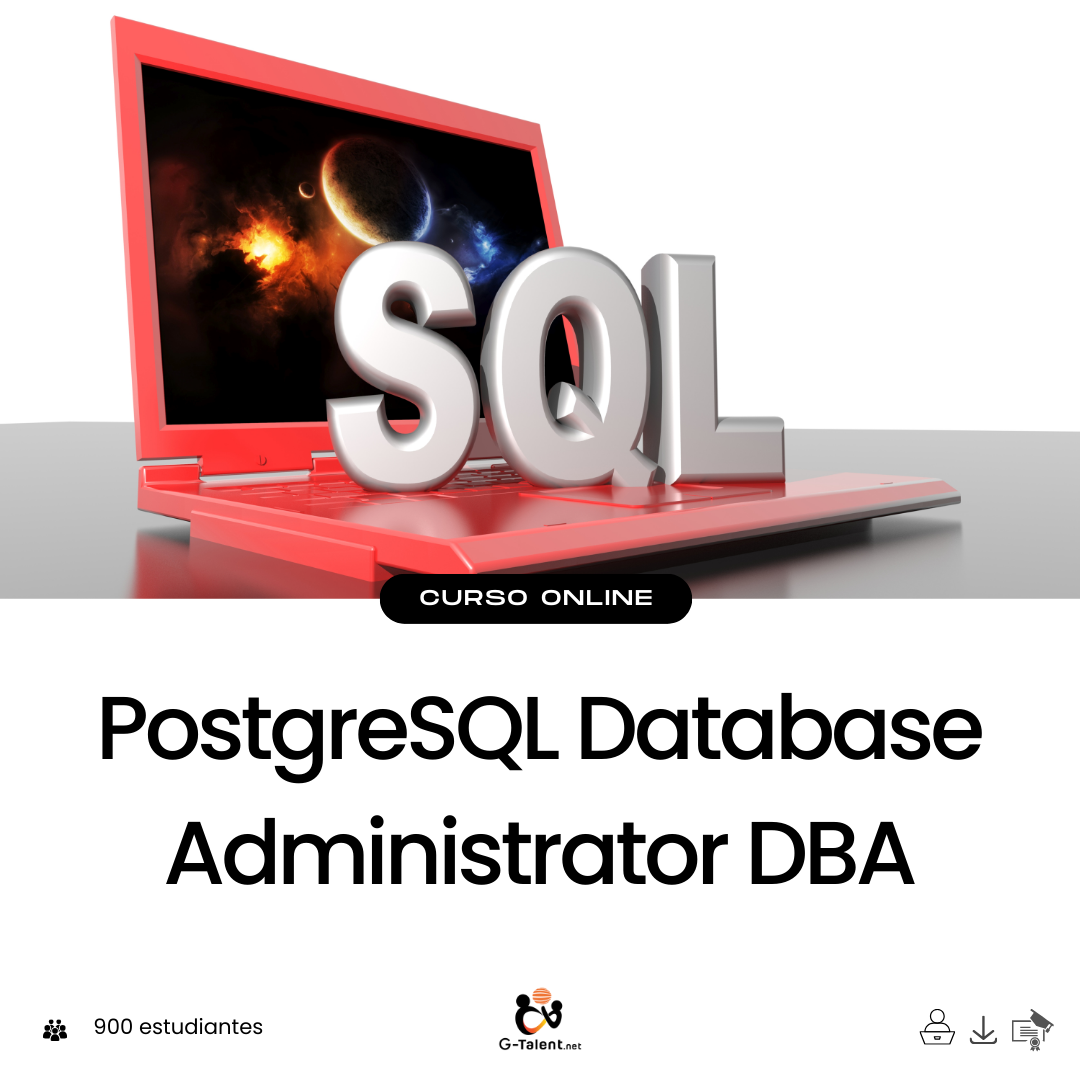 Consola y panel de administración de PostgreSQL con estructuras de bases de datos, consultas SQL, monitoreo de rendimiento y configuración de usuarios