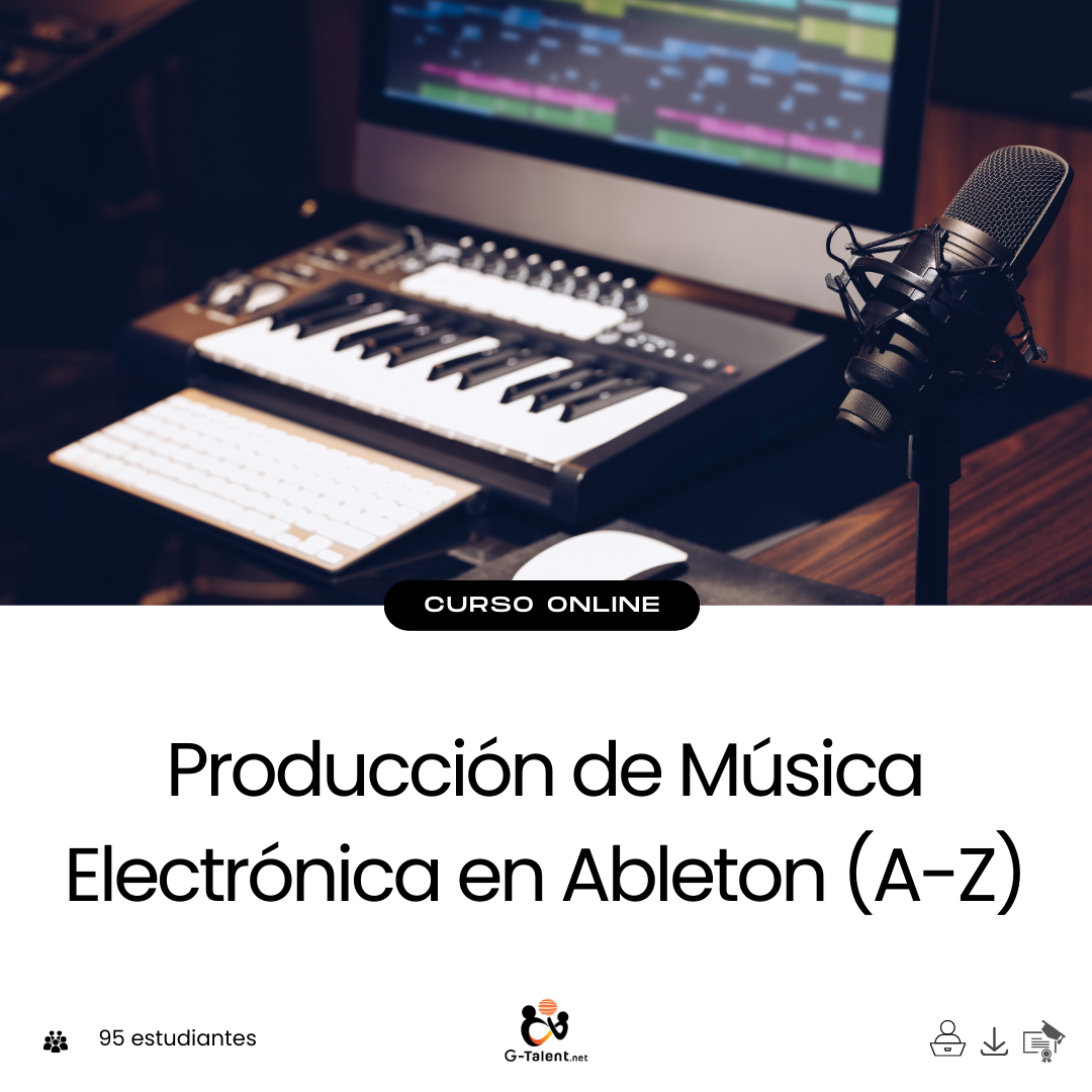 Productor musical frente a pantalla con Ableton Live abierto, editando pistas de música electrónica en un estudio moderno