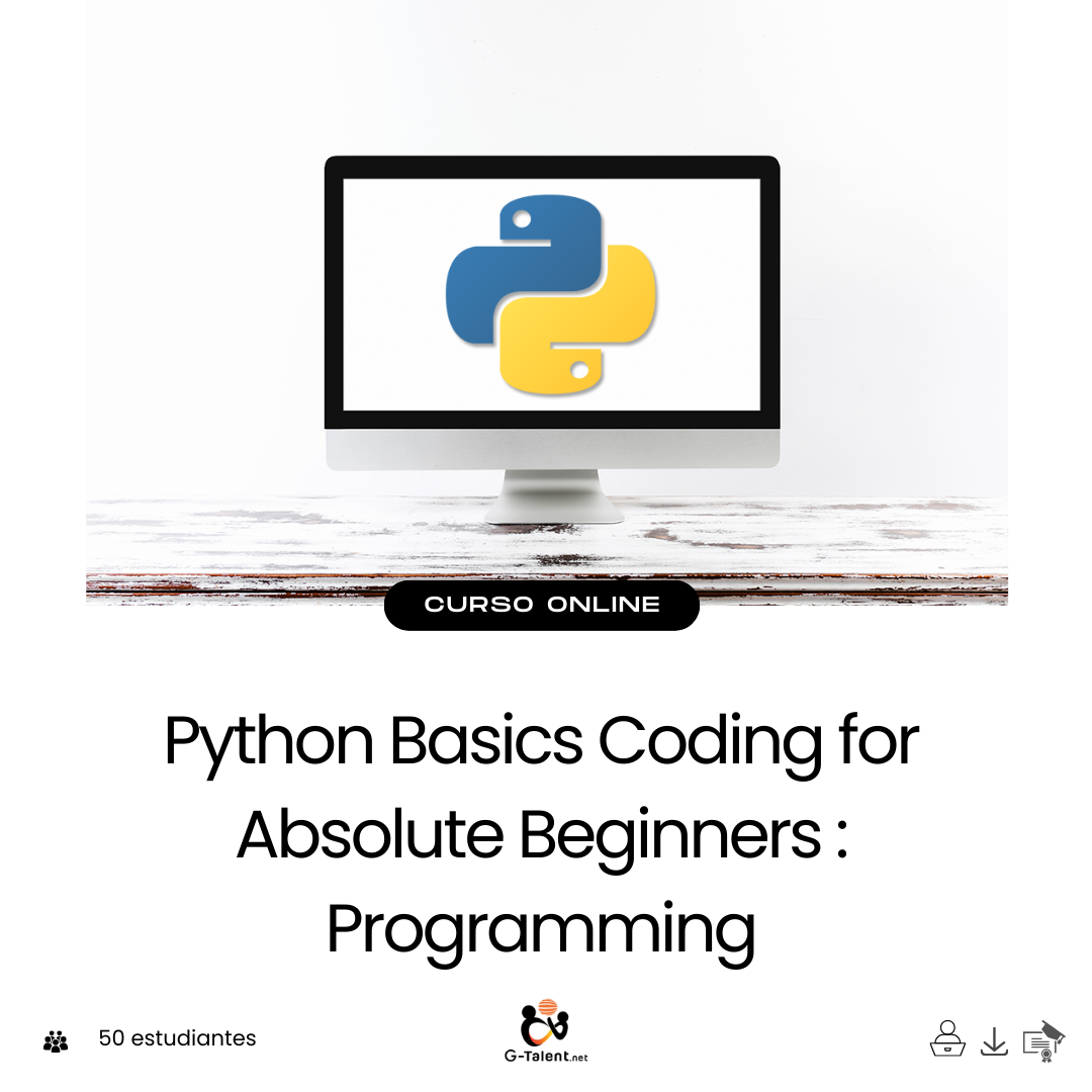 Editor de código mostrando comandos simples de Python como print, variables y bucles, diseñado para principiantes absolutos