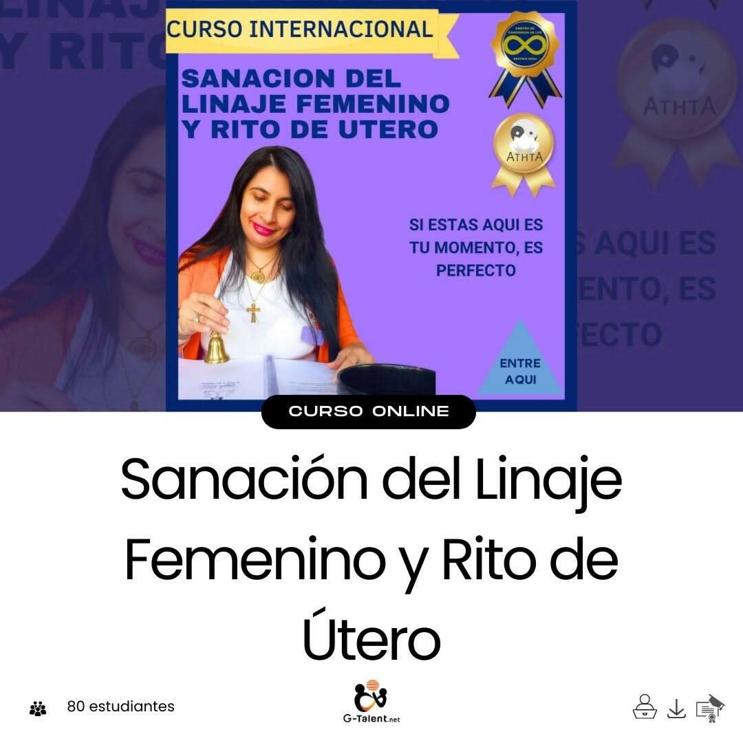 Mujer en ceremonia espiritual con flores, círculo femenino y símbolos lunares, representando sanación del linaje y el útero