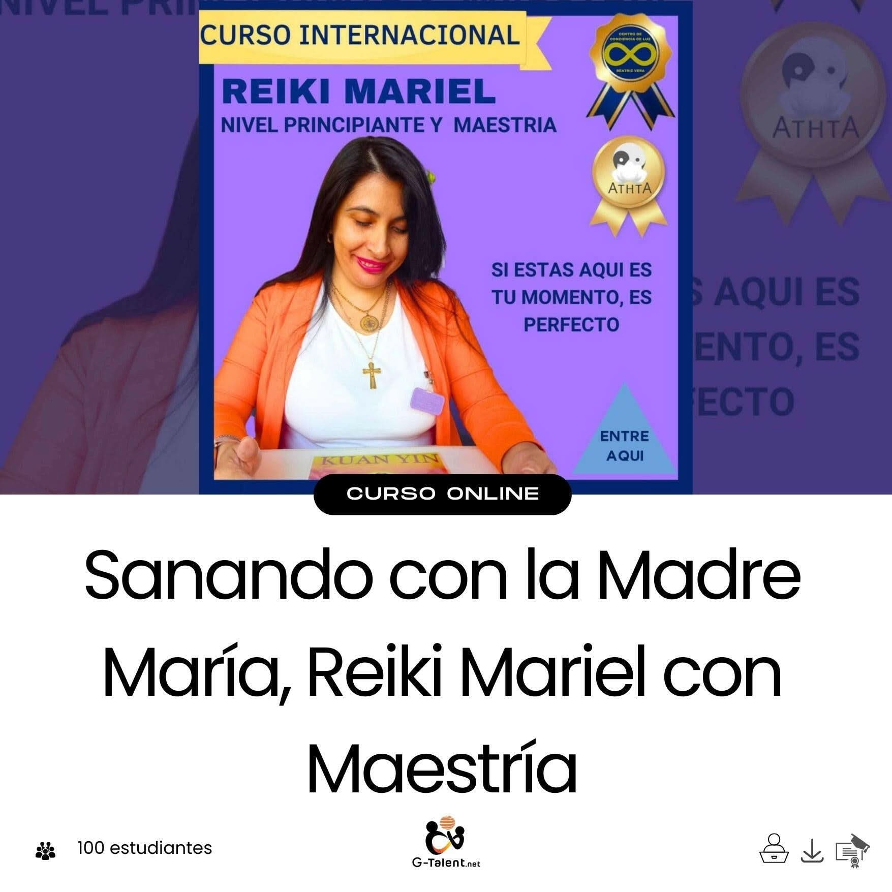 Imagen sagrada de la Madre María irradiando luz con manos extendidas, rodeada de energía suave y símbolos de Reiki
